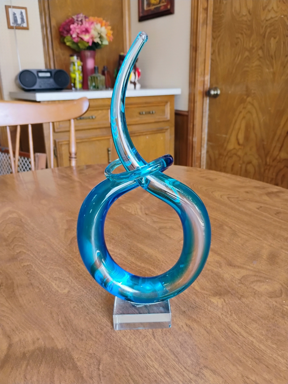 Murano Hand Blown Art Glass Infinity Knot Sculpture Blue Teal Ribbon Clear Base